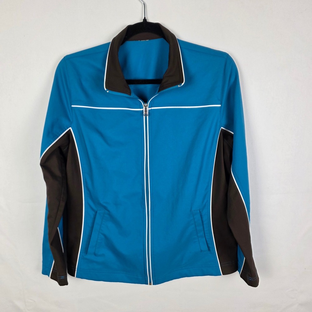 Athletic Teal Blue and Brown Colorblock Full Zip Track Jacket with Piping